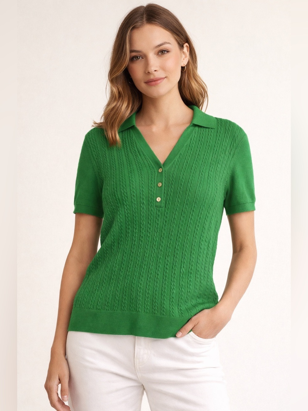 Nautica Green Cable Knit Cardigan spring top collared shirt work wear